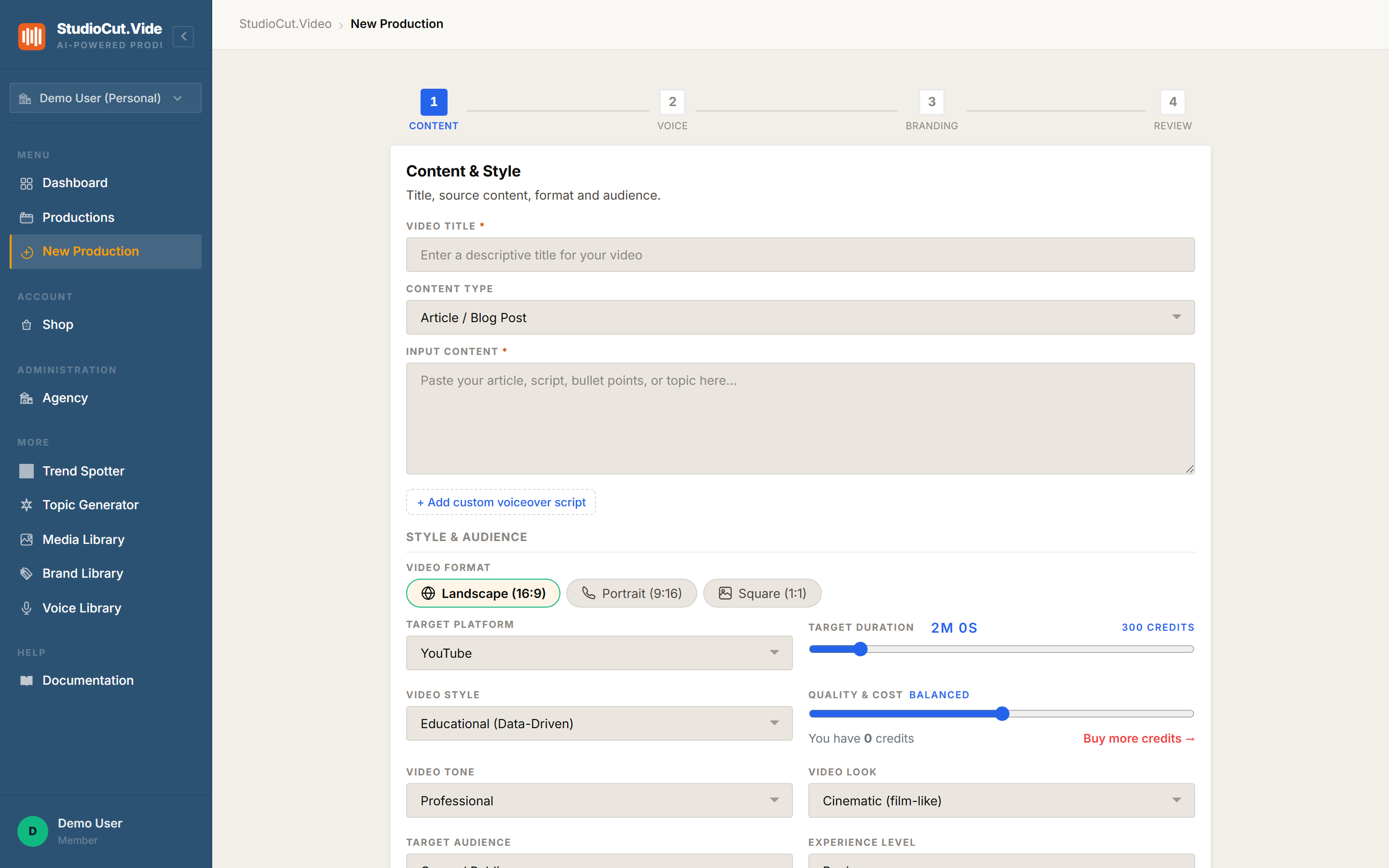 The New Production wizard's Content & Style step: video title, pasted input content, Landscape 16:9 format, target platform, a 2-minute duration slider, and a Balanced quality-and-cost slider