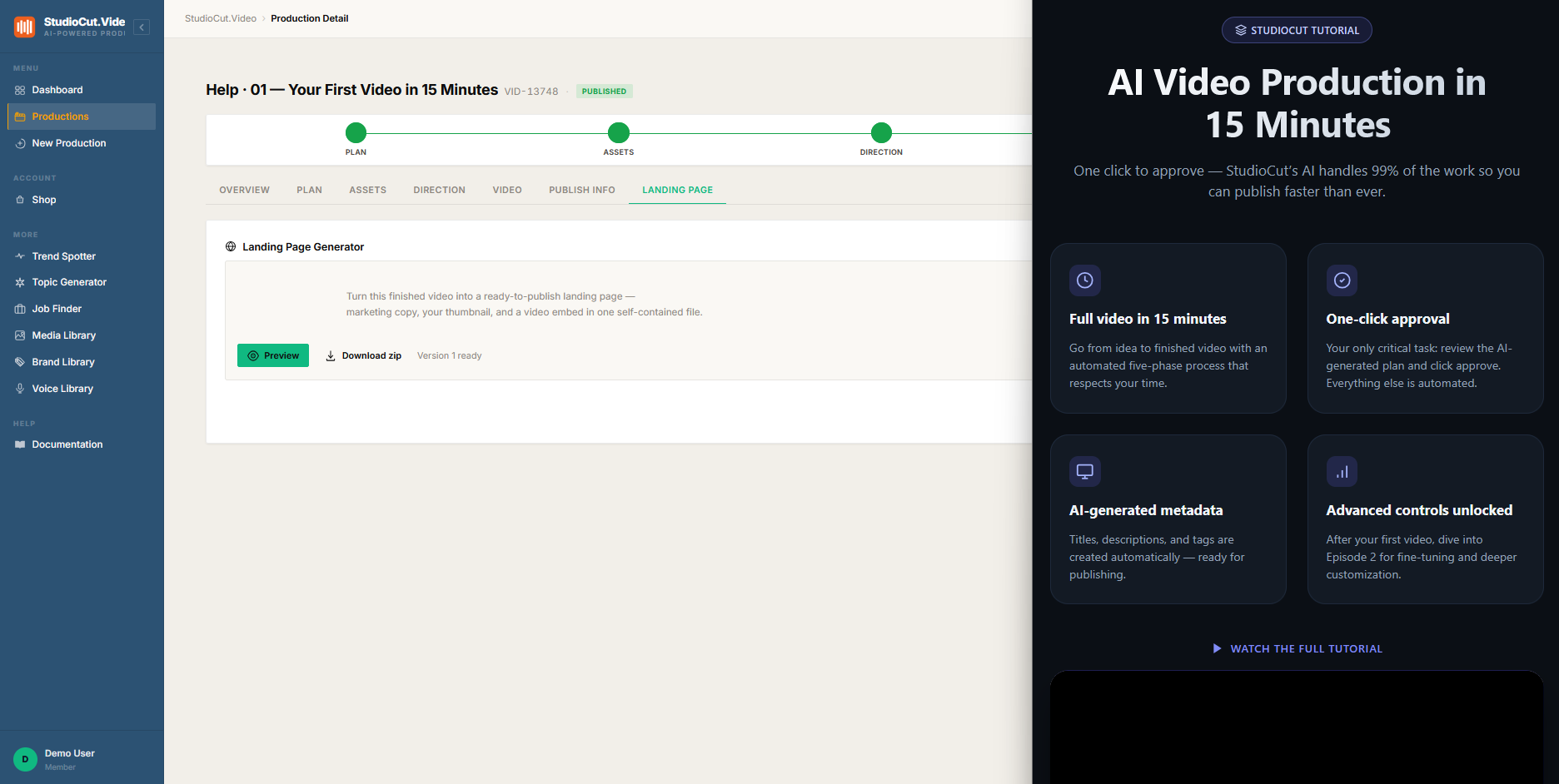 A completed production's detail screen in StudioCut — its title, topic, and script summary are what the AI turns into landing page copy