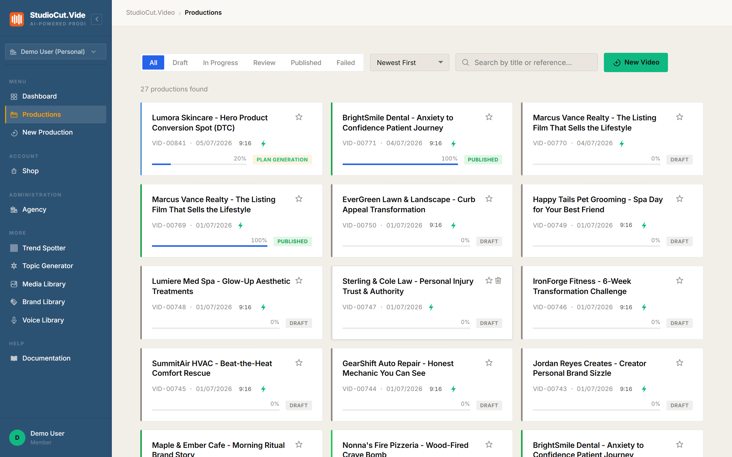The Productions list: 27 productions filtered by All/Draft/In Progress/Review/Published/Failed, each with a phase-progress bar and status badge such as Plan Generation or Published