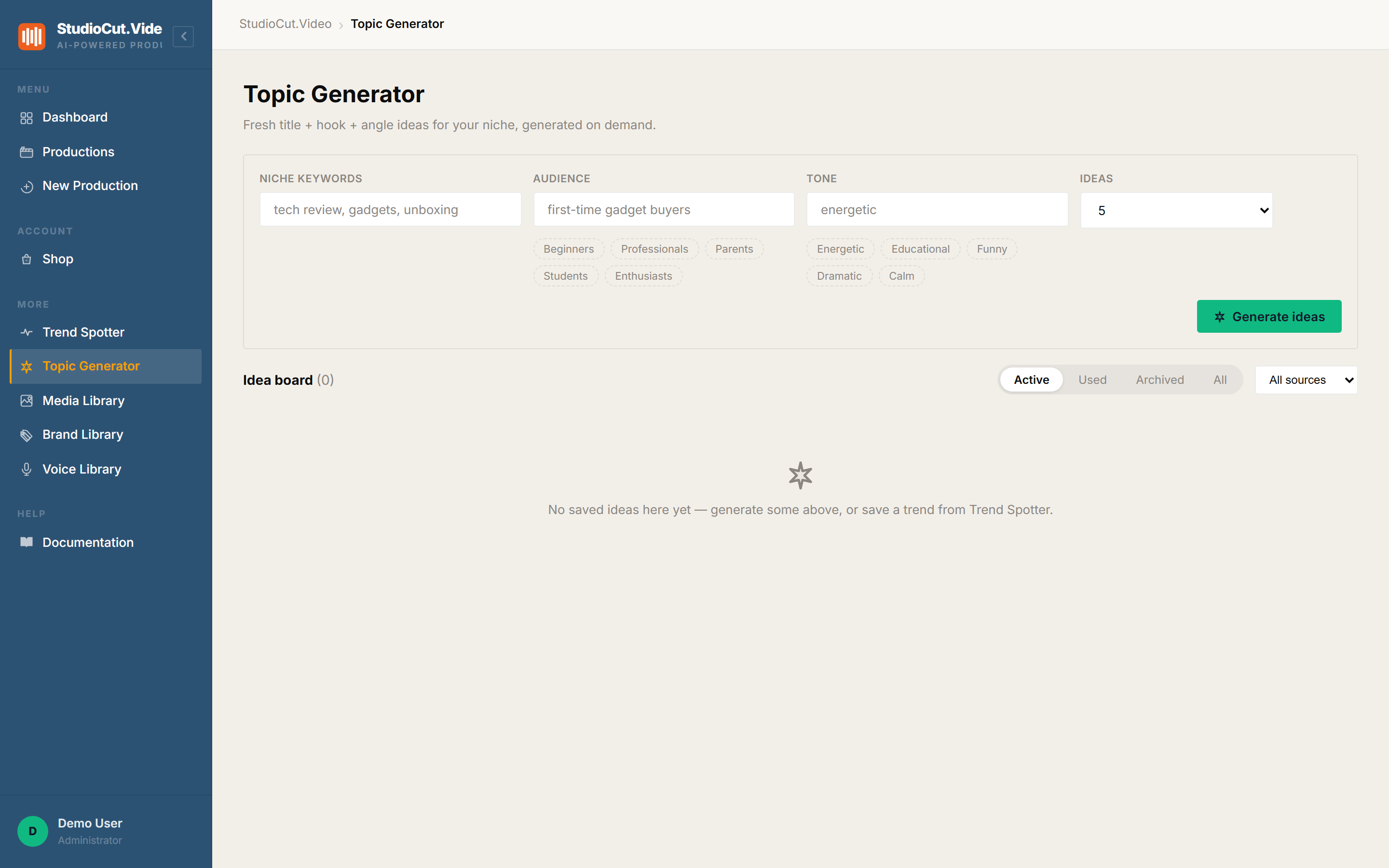 The Topic Generator with niche keywords pre-filled and a batch of generated idea cards, each showing a title, hook, and angle beside Save and Create Video actions