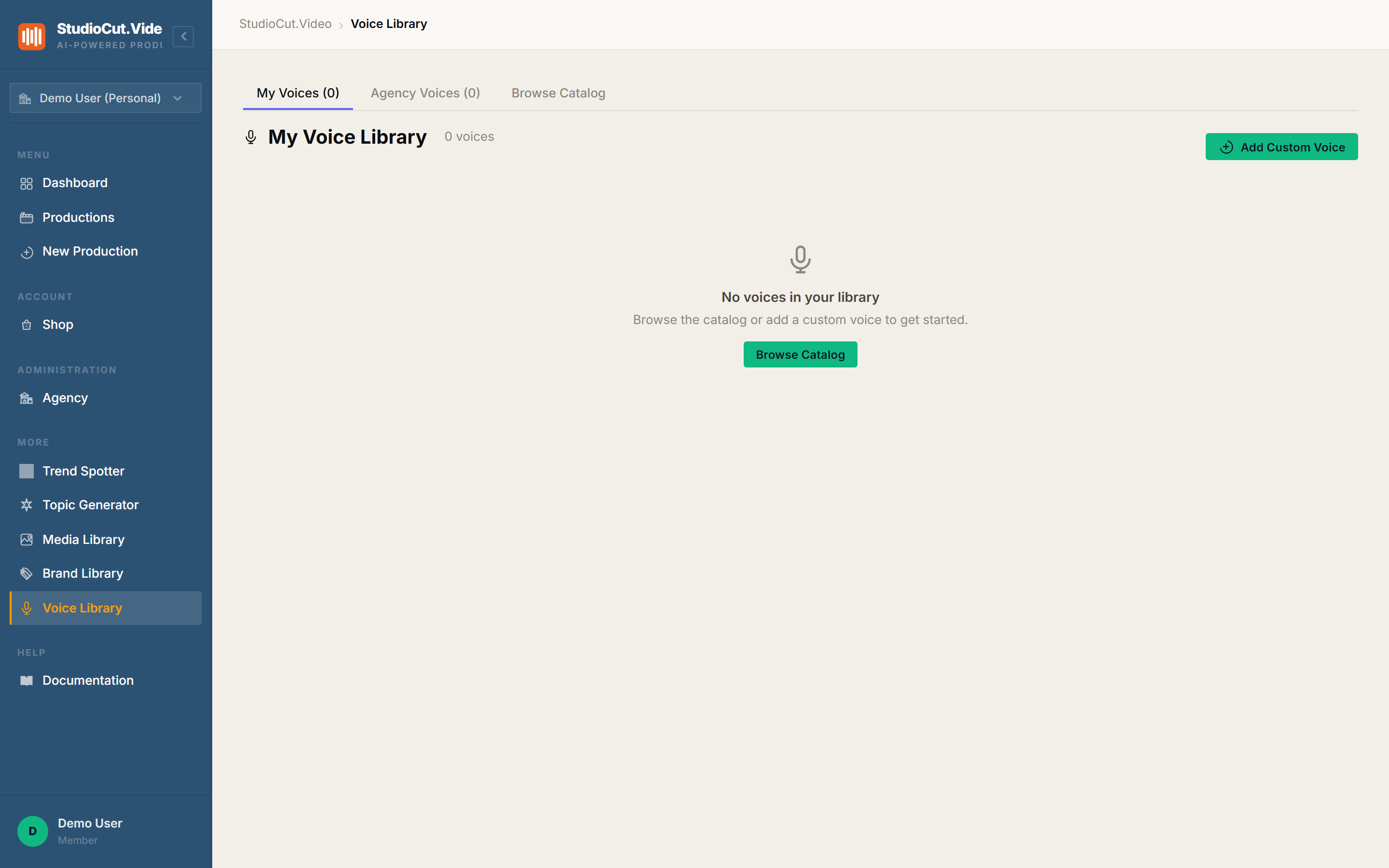 The empty Voice Library with My Voices, Agency Voices, and Browse Catalog tabs, and buttons to browse the catalog or add a custom voice