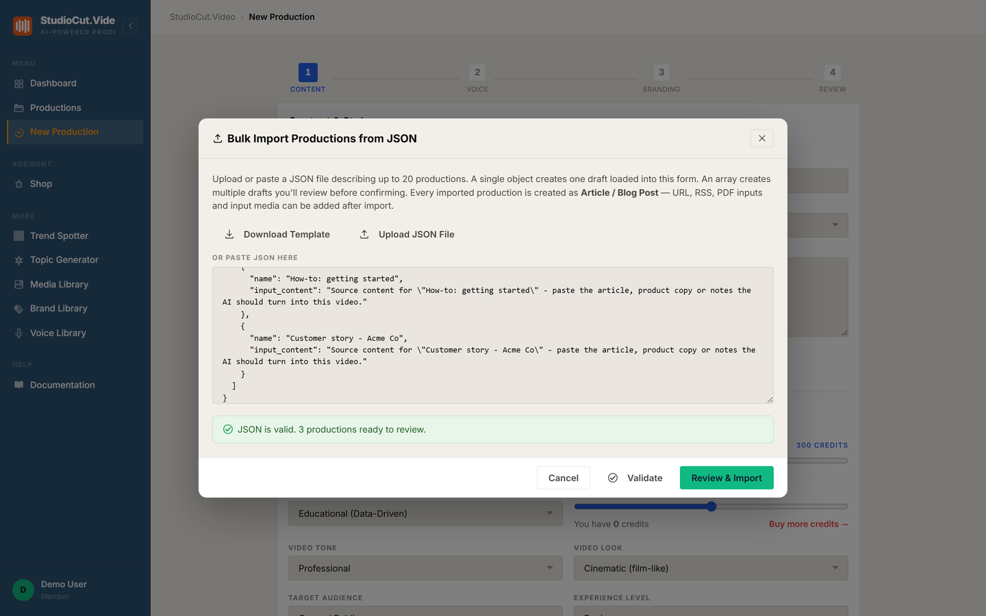 The Bulk Import Productions from JSON modal with Download Template and Upload JSON File controls, a JSON paste area, and a green confirmation reading "JSON is valid. 3 productions ready to review"