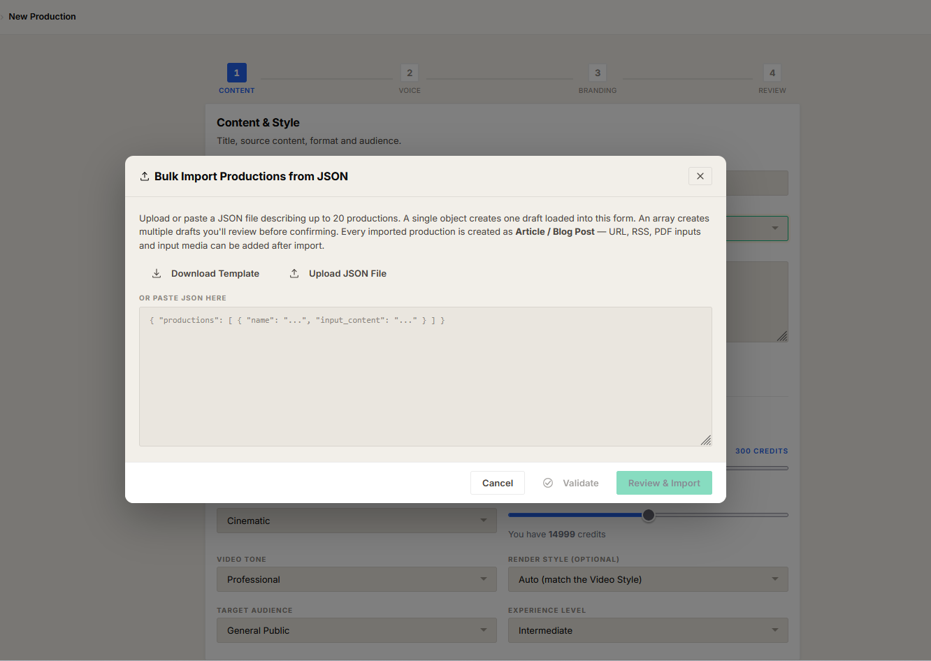 The bulk import modal after validation — a preview grid of production cards with valid and invalid counts at the top and an error list showing item-prefixed validation messages