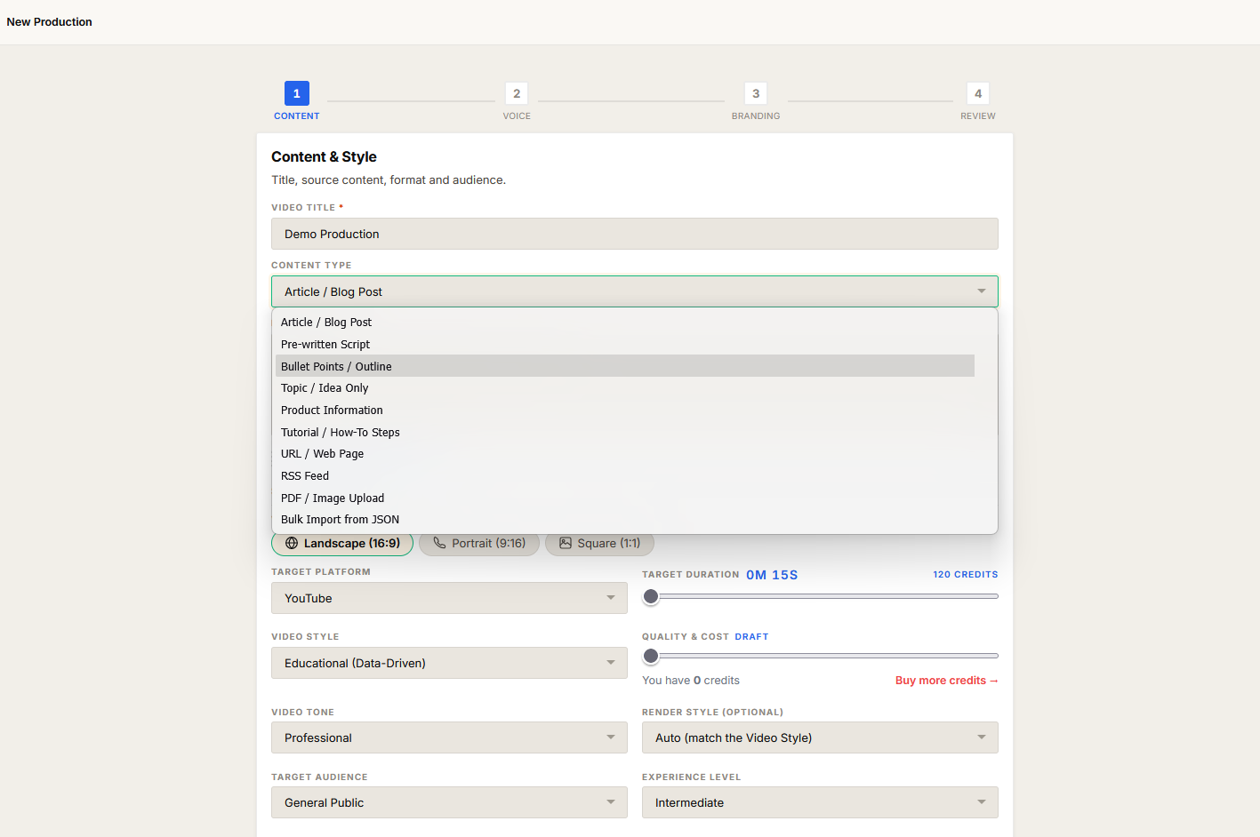 The Create Wizard first step with the Content Type dropdown open, showing the Bulk Import from JSON option in the list alongside Article, URL, RSS Feed and PDF