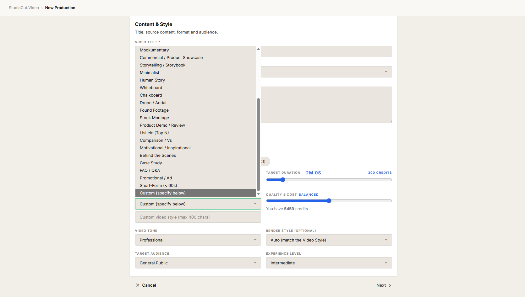 Step 1 of the Create Wizard with the Video Style dropdown open and Custom highlighted at the bottom of the list, and the free-text input revealed below it with example text typed in