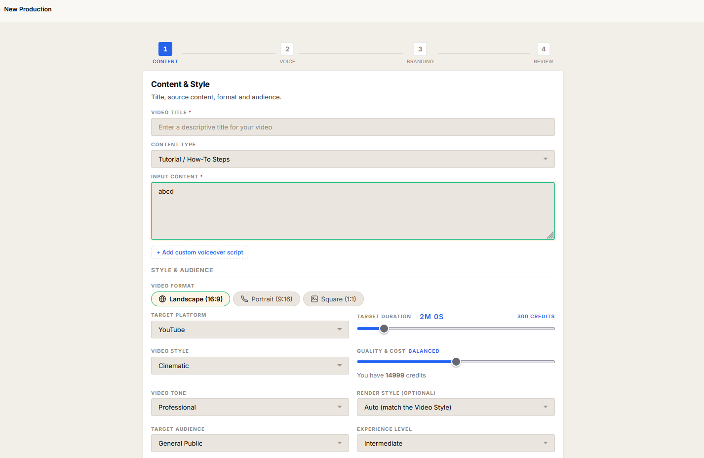 Step 1 with Content Type set to Tutorial / How-To Steps, showing the numbered-steps input field populated with a few example steps