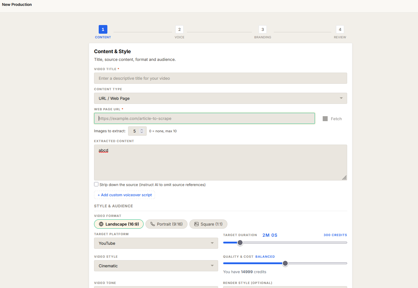 Step 1 with Content Type set to URL / Web Page, showing the URL input, the Images-to-extract number field, the Import Images from URL control, and the Strip source content checkbox