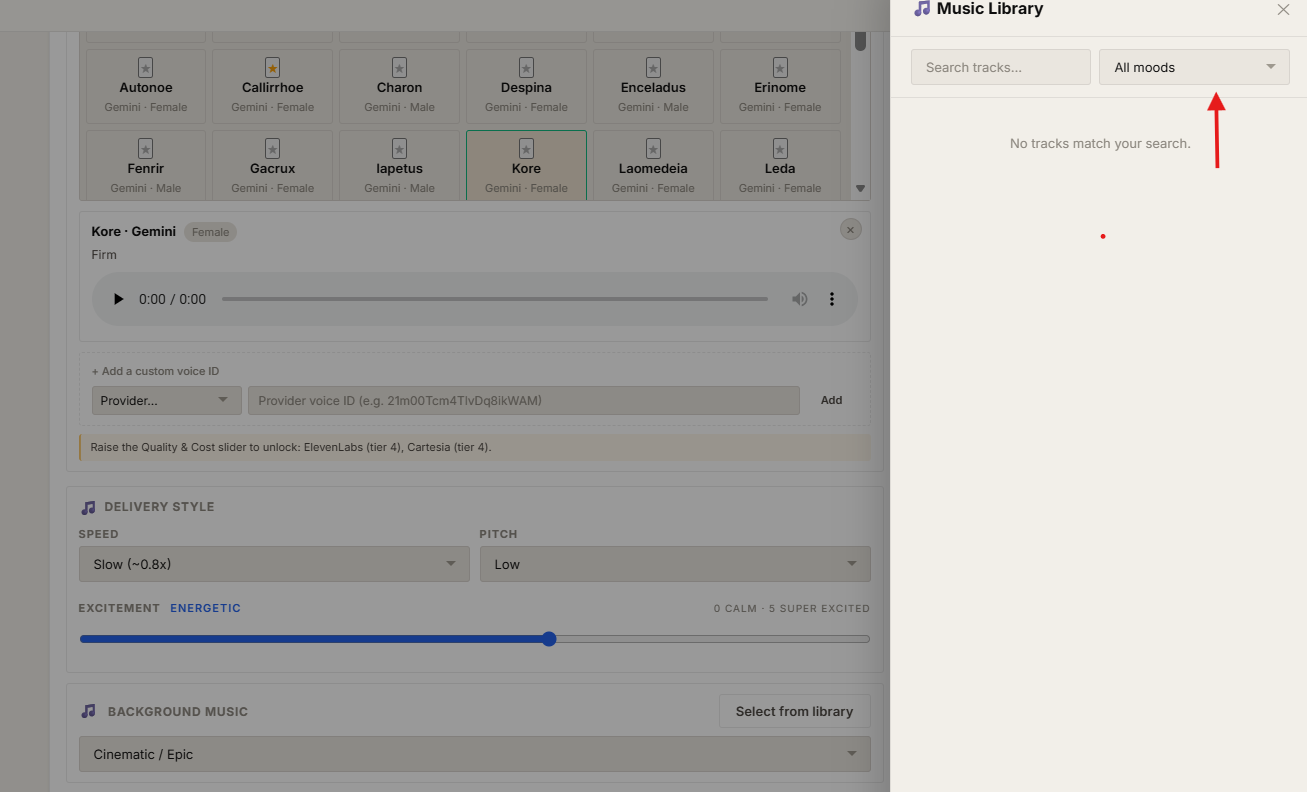 The Music Library drawer open on the right-hand side over Step 2 of the wizard, showing a Music Library heading, a search tracks box and an All moods filter select, with the wizard's Background Music card and its Select from library button visible behind it