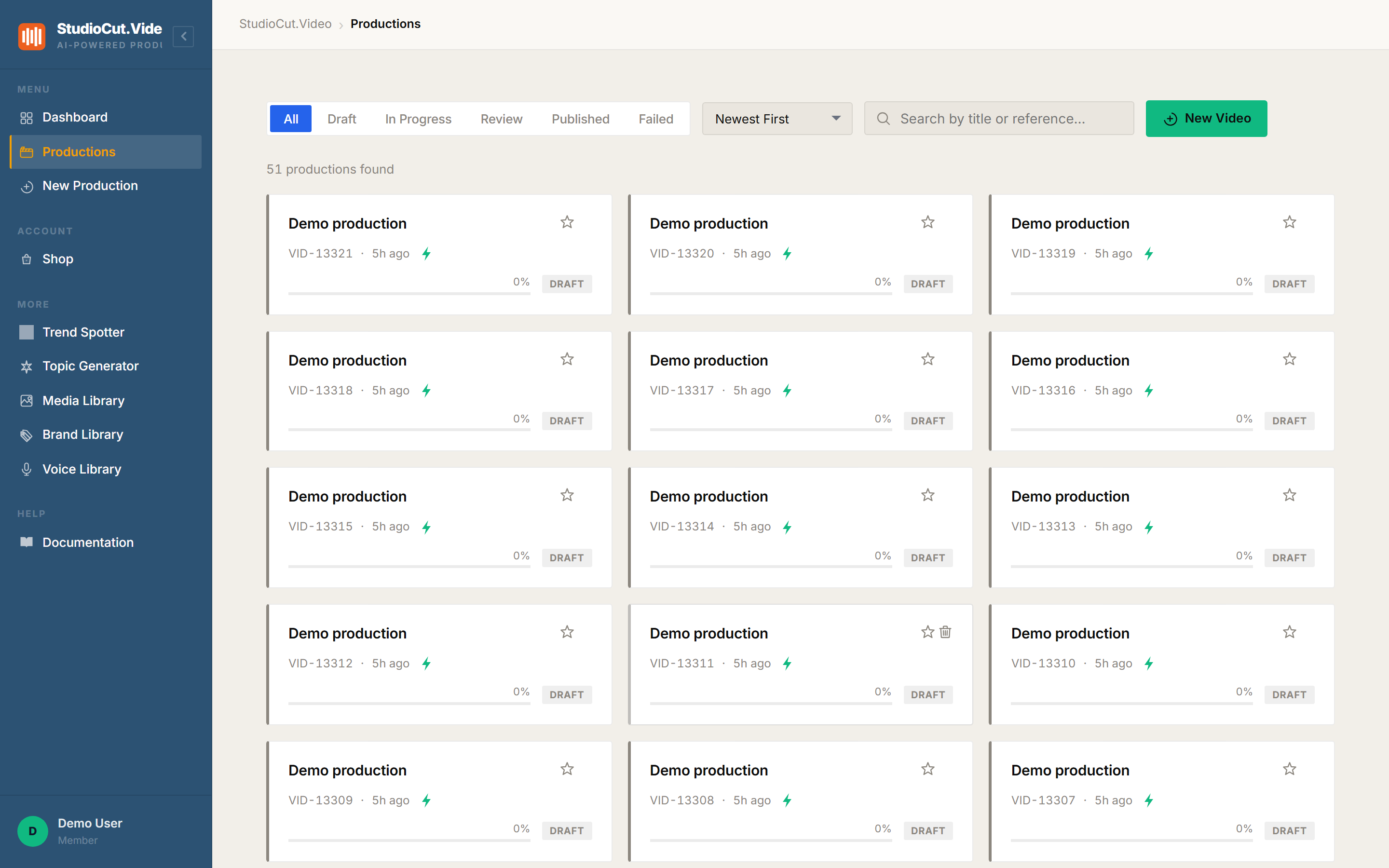 The productions list showing many production cards created together, with filter tabs for All, Draft, In Progress, Review, Published and Failed, a newest-first sort control and a search box