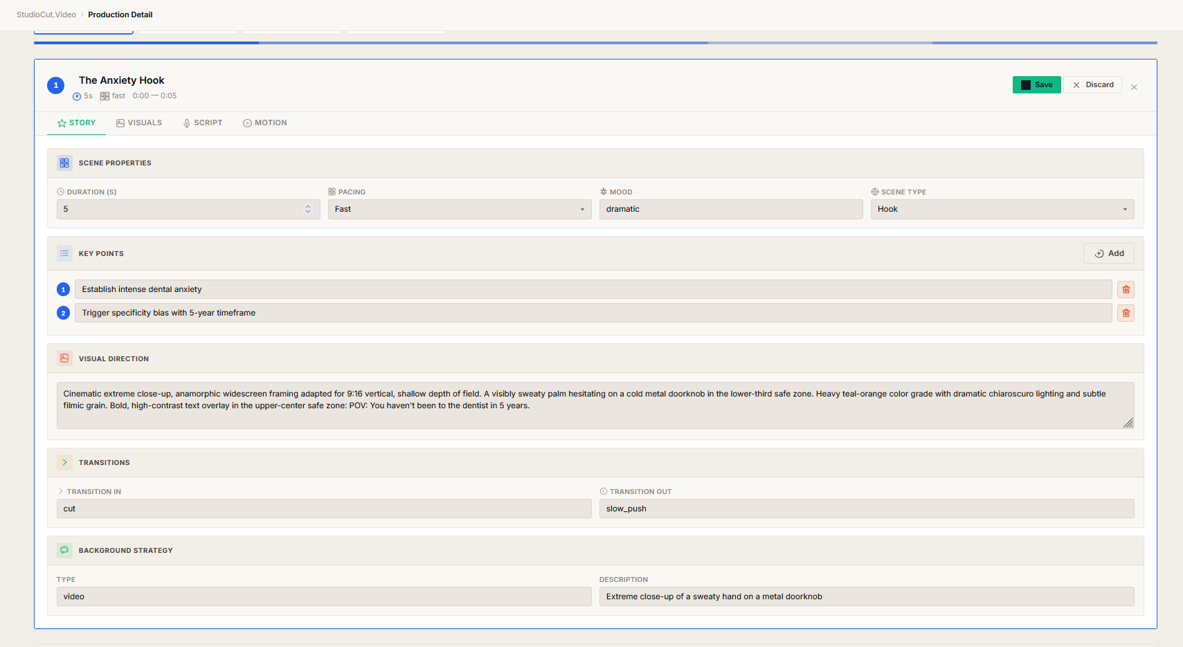 A single scene open in edit mode showing tabs for Story, Visuals, Script and Motion, with editable scene properties for duration, pacing, mood and scene type, a numbered key-points list, a visual direction text area, transition in and out fields, and Save and Discard buttons