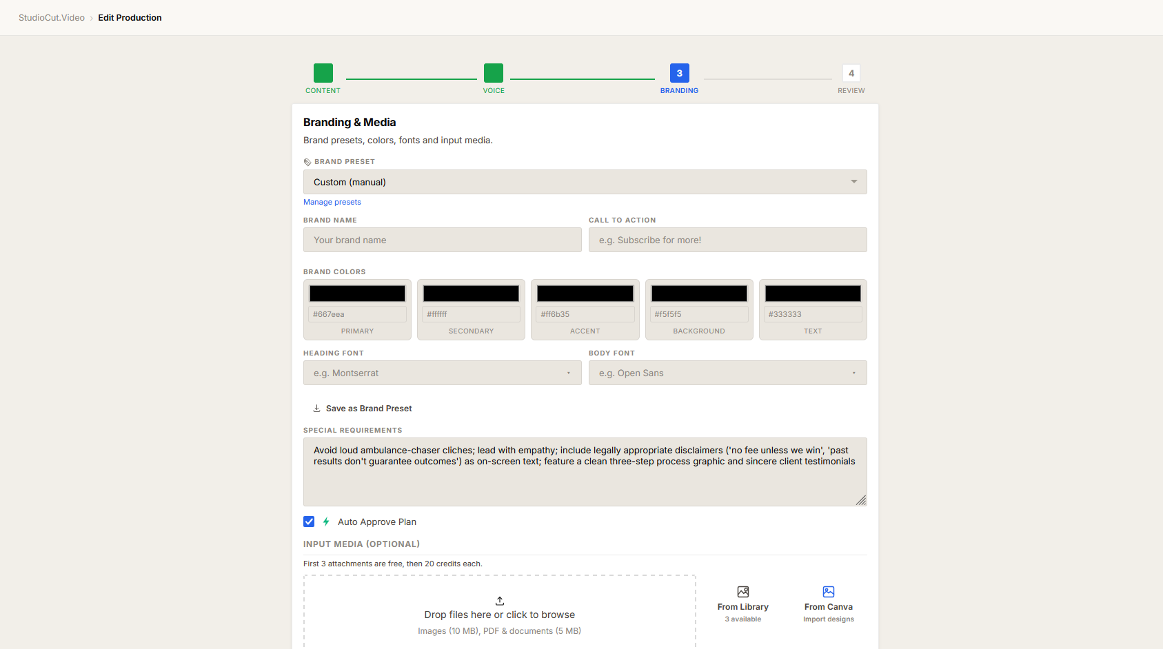 Step 3 of the Create Wizard showing the Special Requirements textarea filled with a short list of include and avoid instructions