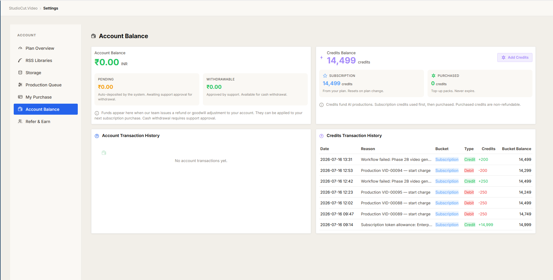 The Account Balance screen showing the money balance and the credits balance side by side, the split between subscription and purchased credits, and the credits transaction history listing start charges and failure refunds