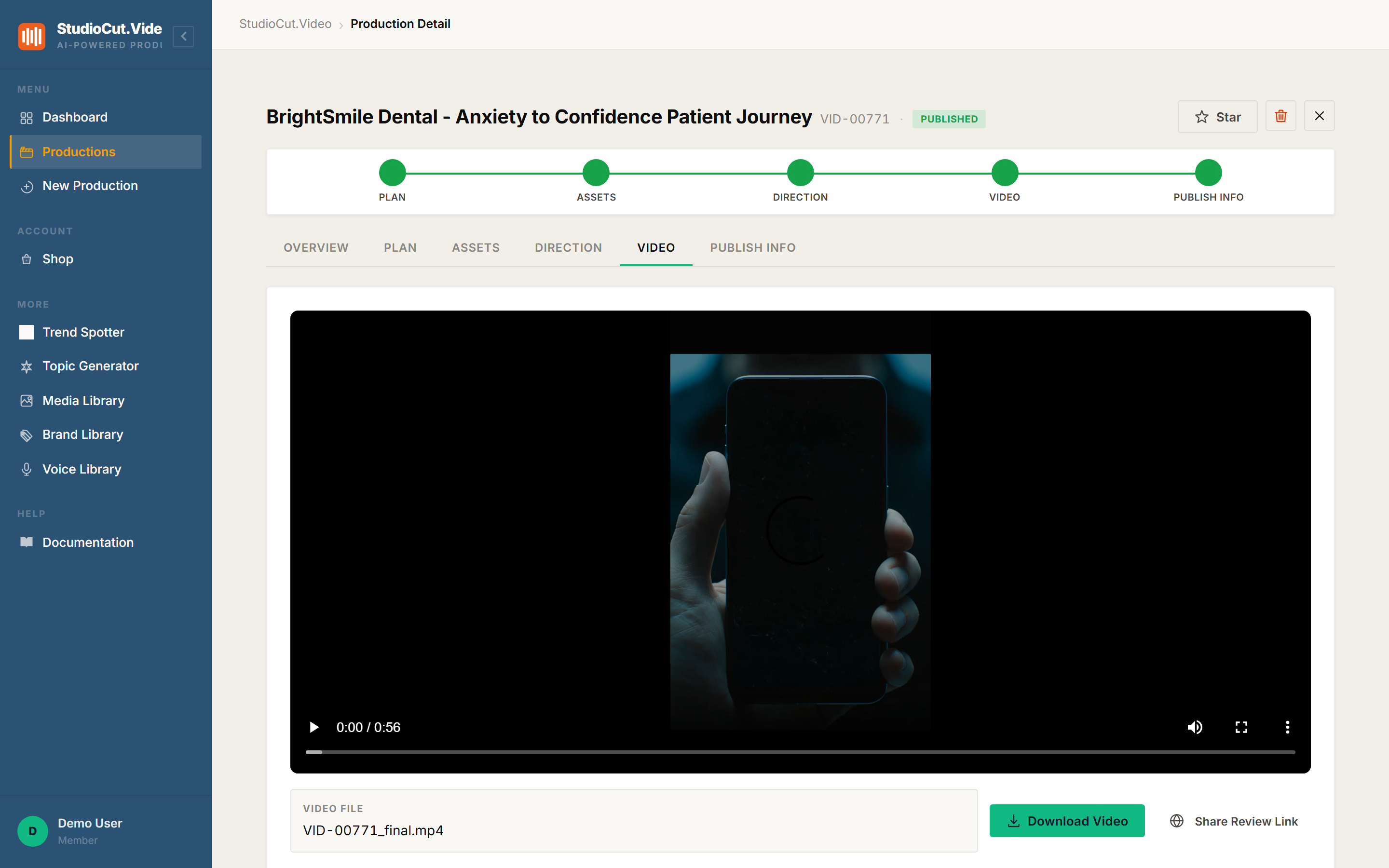 A finished production playing in the in-app video player on the Video tab, with the Download Video and Share Review Link controls beneath it