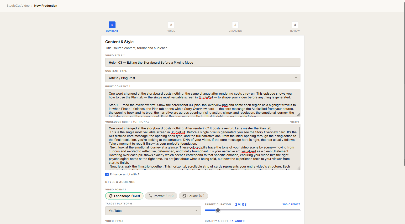 The Voiceover Script field in Step 1 with the Enhance with AI checkbox visible directly beneath it and sample narration text typed into the field