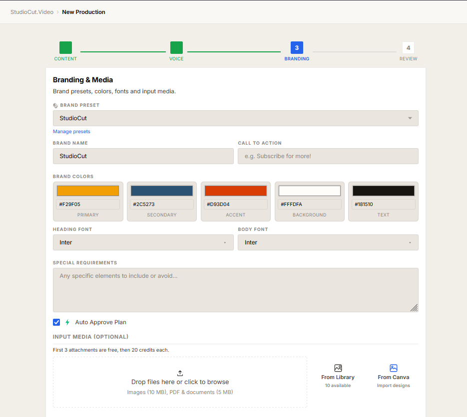 Step 3 of the create wizard, Branding and Media, showing a Brand Preset dropdown with a Manage presets link, brand name and call to action fields, five brand colour swatches labelled primary, secondary, accent, background and text with their hex values, heading and body font selects, a special requirements text area, an Auto Approve Plan checkbox and an input media drop zone
