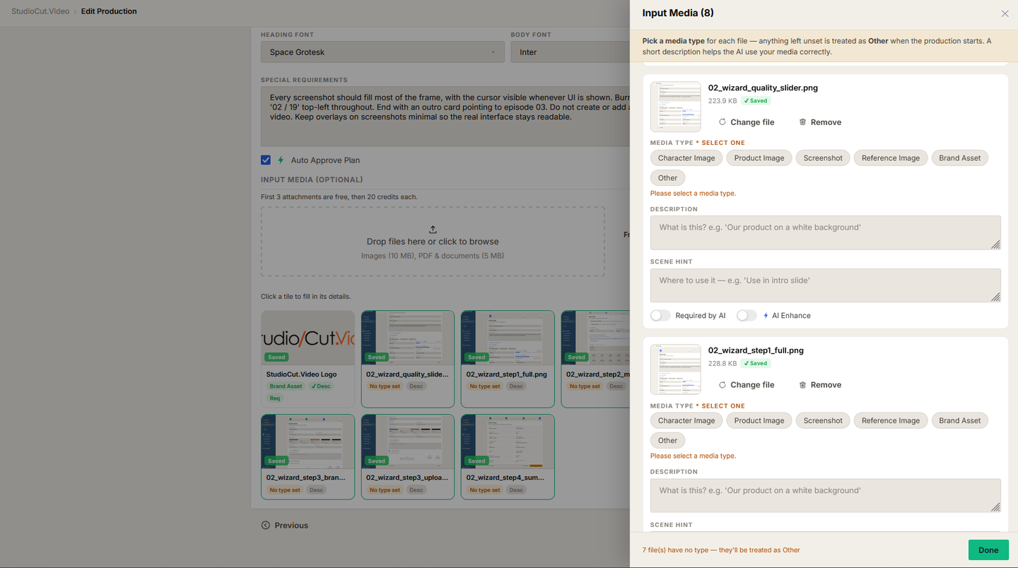 The Input Media area of the wizard showing the free attachment allowance and per-file cost above the upload zone, with the media type editor open