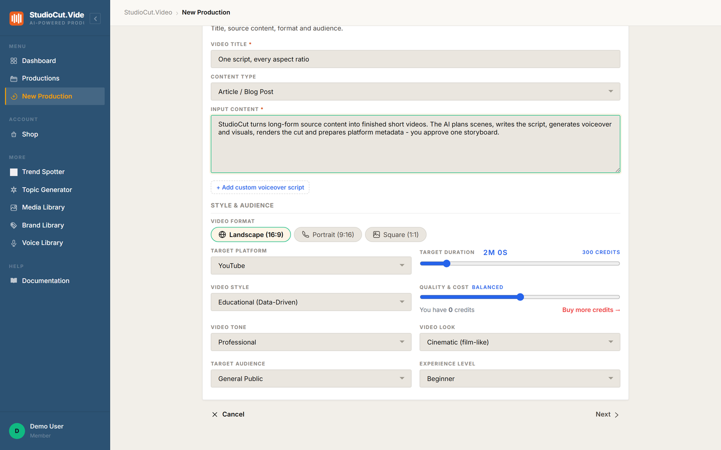 Step 1 of the Create Wizard scrolled to Style & Audience, showing the Landscape (16:9), Portrait (9:16) and Square (1:1) format pills above the Target Platform dropdown