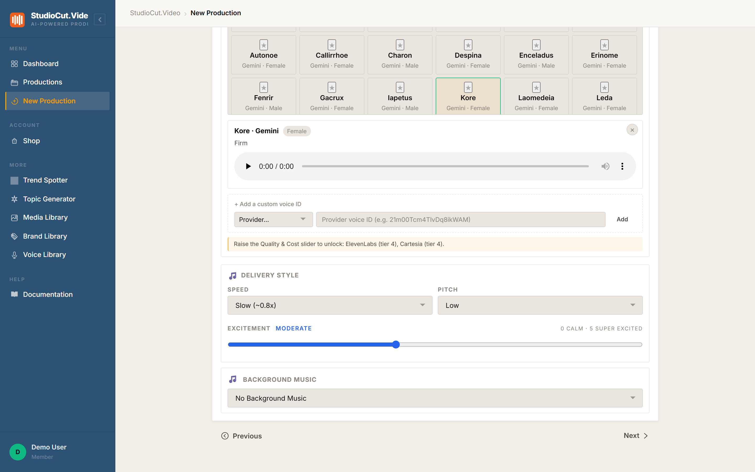 Step 2 of the create wizard showing a grid of voice cards each labelled with a name, provider and gender, one selected voice expanded into a panel with a character label and an audio preview player, an Add a custom voice ID row with a provider select and voice ID field, a notice that raising the Quality and Cost slider unlocks additional providers, and delivery style controls for speed, pitch and excitement